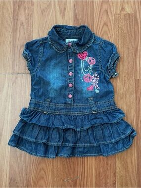 Children's Place Denim Ruffled Girls' Dress with Pink Accents Y2K Ruffles 12 mos